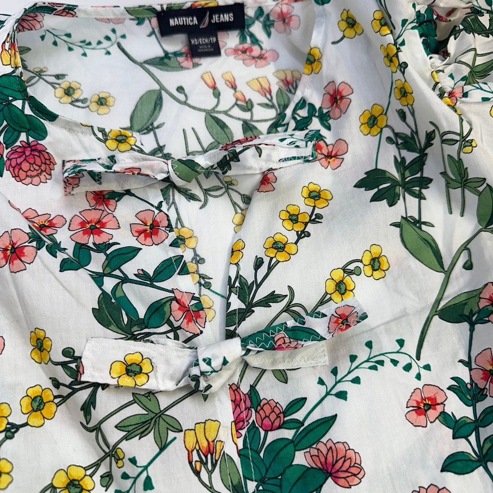 Nautica Jeans Floral Peplum Blouse‎ White Puff Sleeve Women's XS - Picture 2 of 14